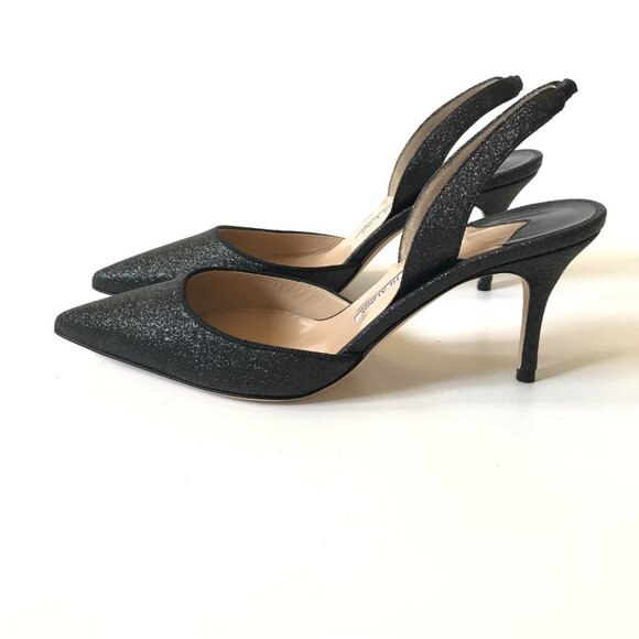 NIB NEW Manolo Blahnik Carolyne 70 Glitter Shoes Womens 37.5 Black Slingback 7.5 - Picture 7 of 14